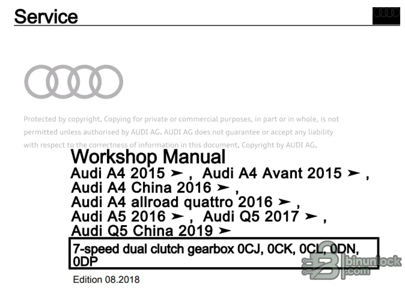 Руководство по ремонту Audi 7-ступенчатой DSG — 0CJ 0CK 0CL 0DN 0DP — скриншот 1