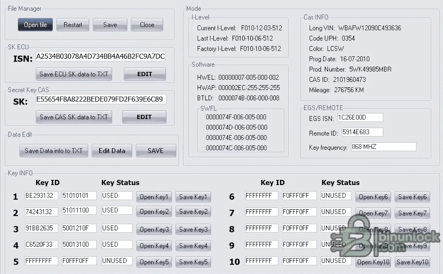 CAS4 Редактор для 1L15Y | Секретный ключ (SK), ISN и VIN 1.0 — скриншот 1