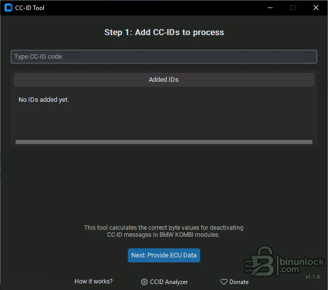 BMW CC-ID Tool для кодирования Check Control KOMBI 1.1.0 — скриншот 1