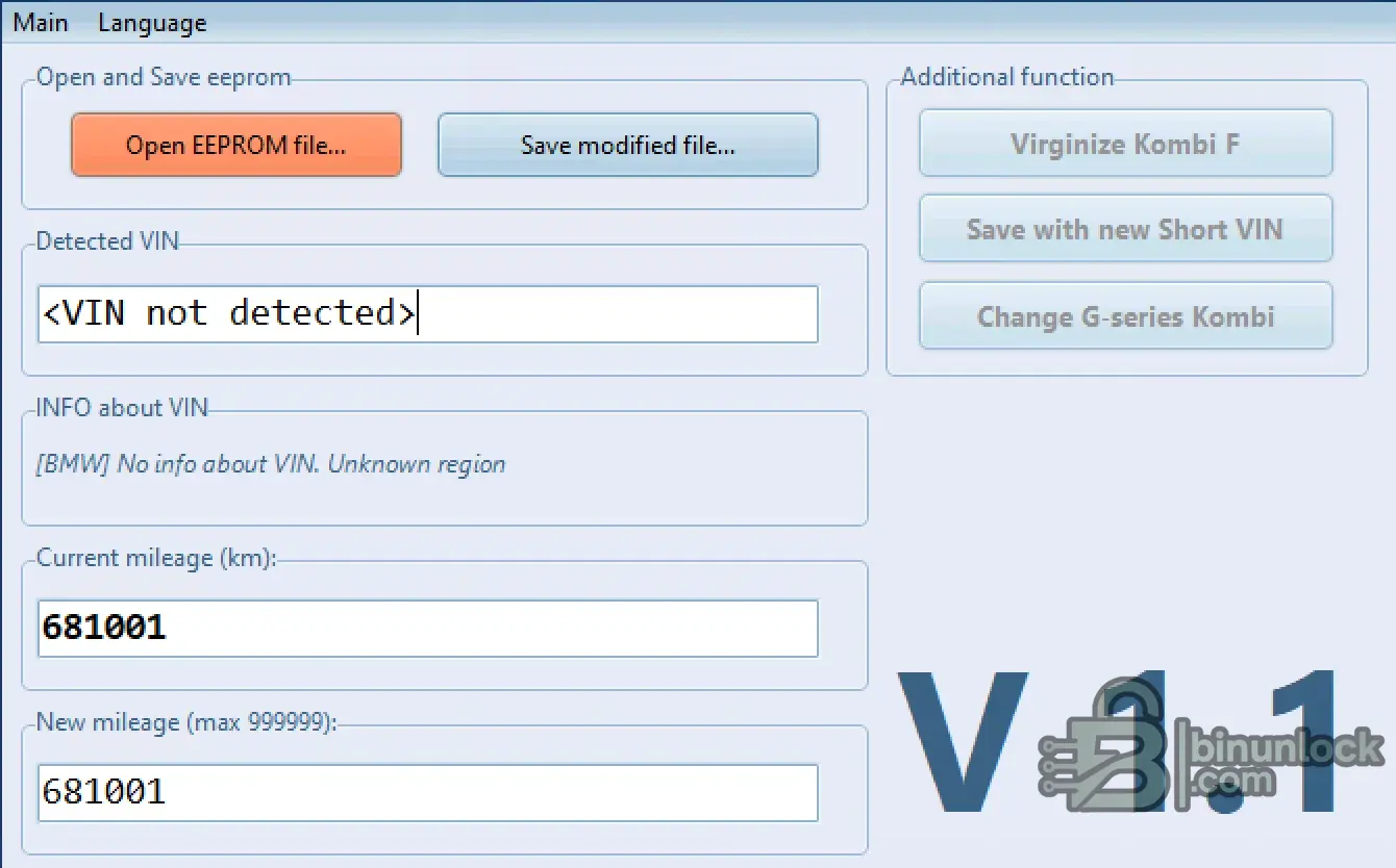 BMW Cluster Mileage Tool v1.1 main interface showing EEPROM editor, VIN change, and Kombi virginize functions