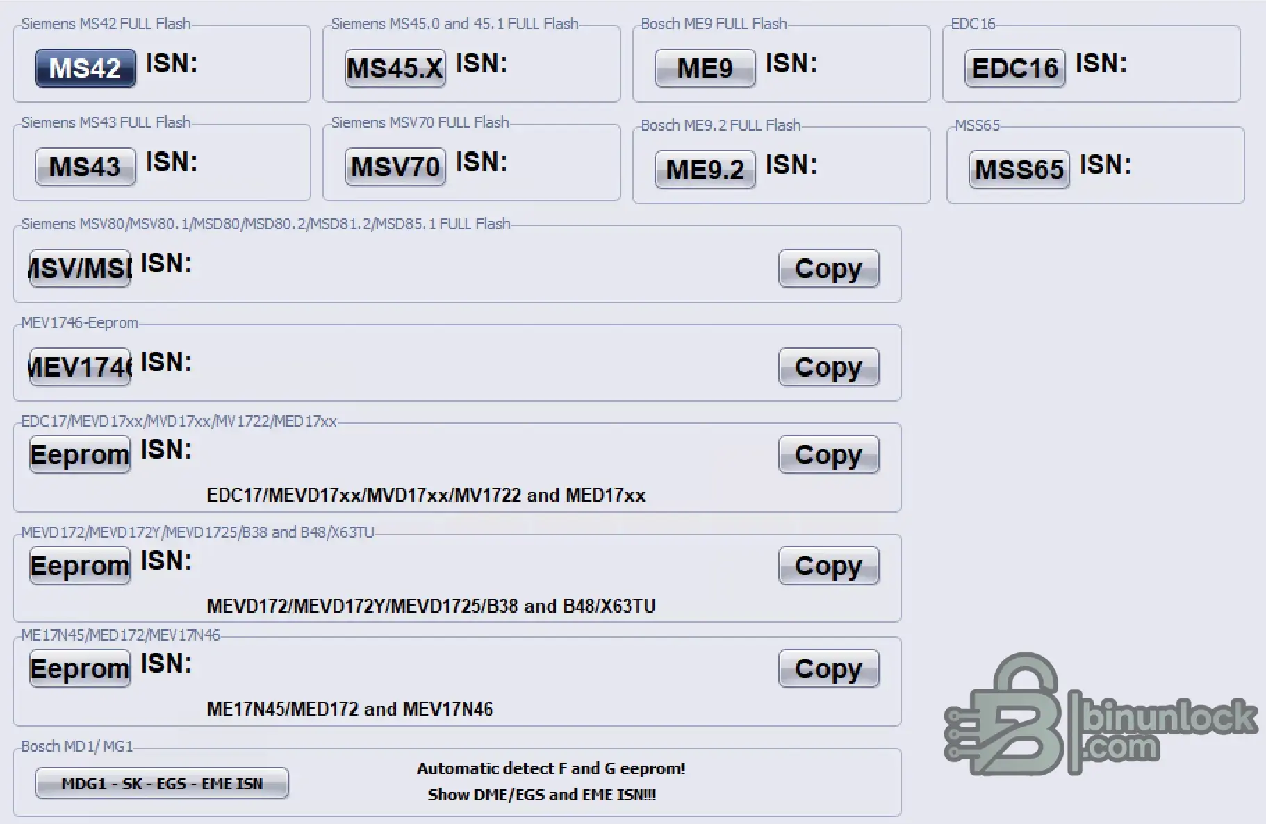 ECU ISN Reader interface screenshot