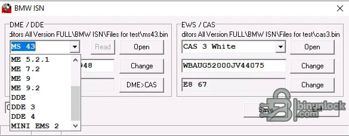 Редактор BMW ISN — синхронизация DME/DDE ↔ EWS/CAS и работа с ISN/VIN MS43, ME9.x, DDE3–4, CAS2/3 1.0 — скриншот 2