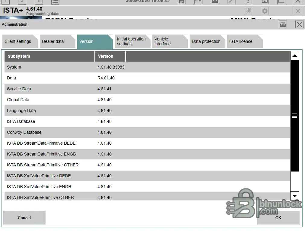BMW ISTA 4.61.40 version information showing system, database and service data versions