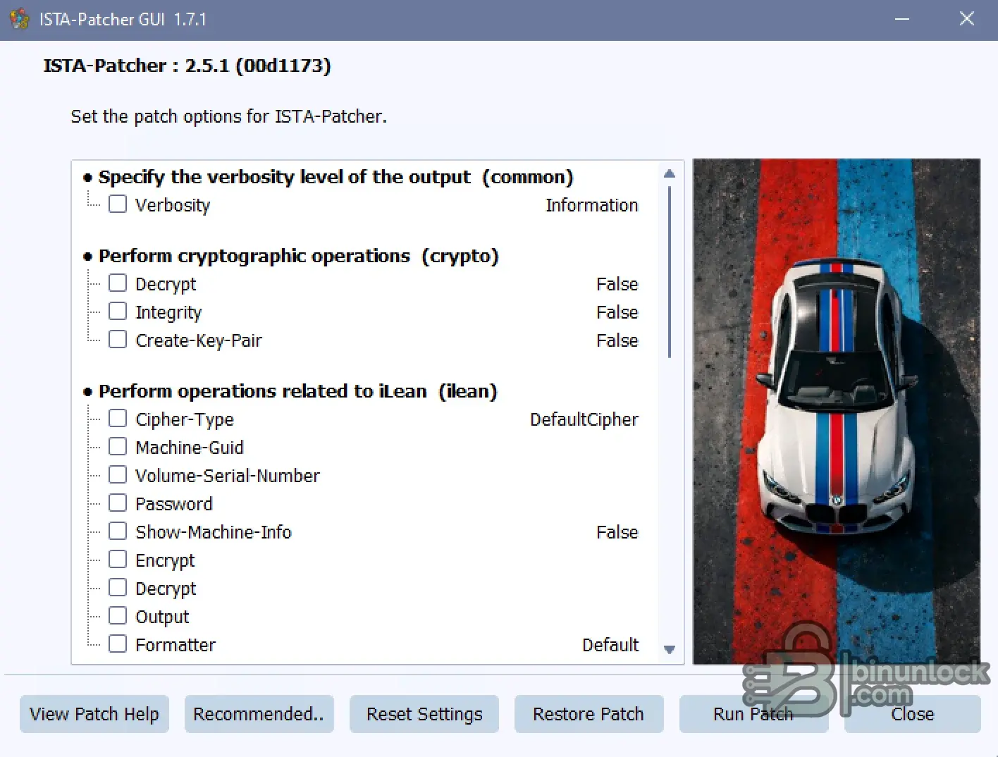 BMW ISTA-Patcher GUI 1.7.1 showing ISTA-Patcher 2.5.1 configuration options, cryptographic operations, iLean settings, and service setup controls.