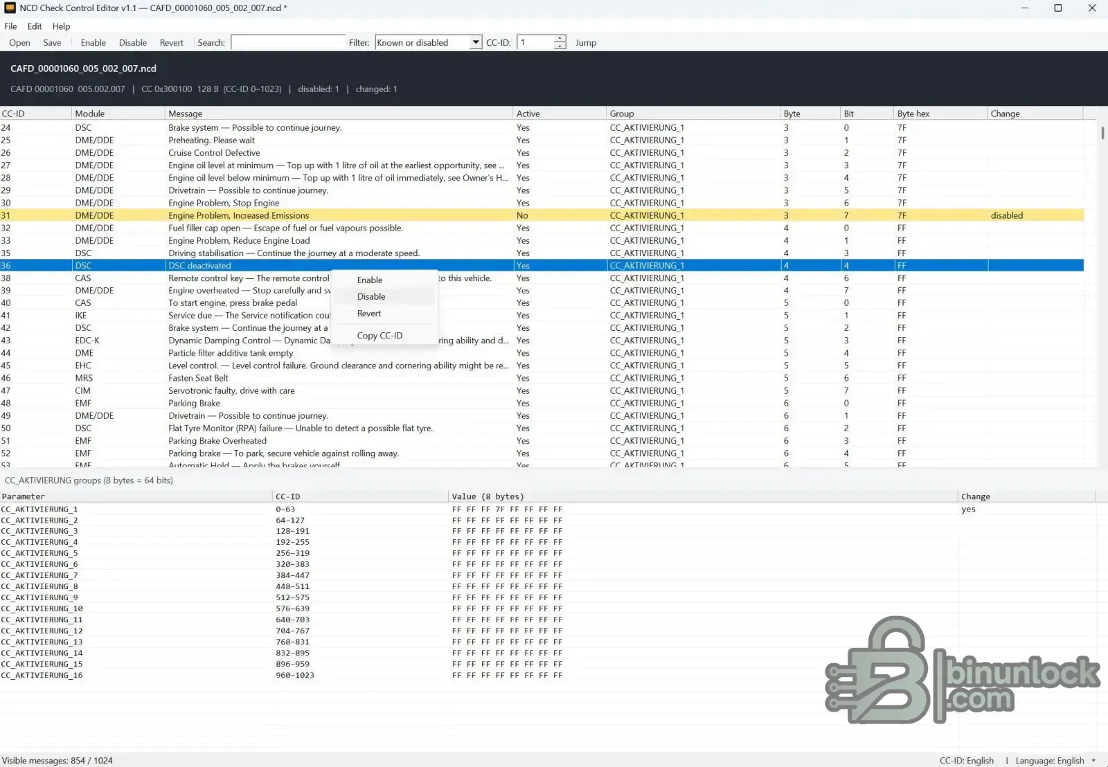 BMW NCD Check Control Editor — настройка сообщений CC-ID 1.1 — скриншот 1