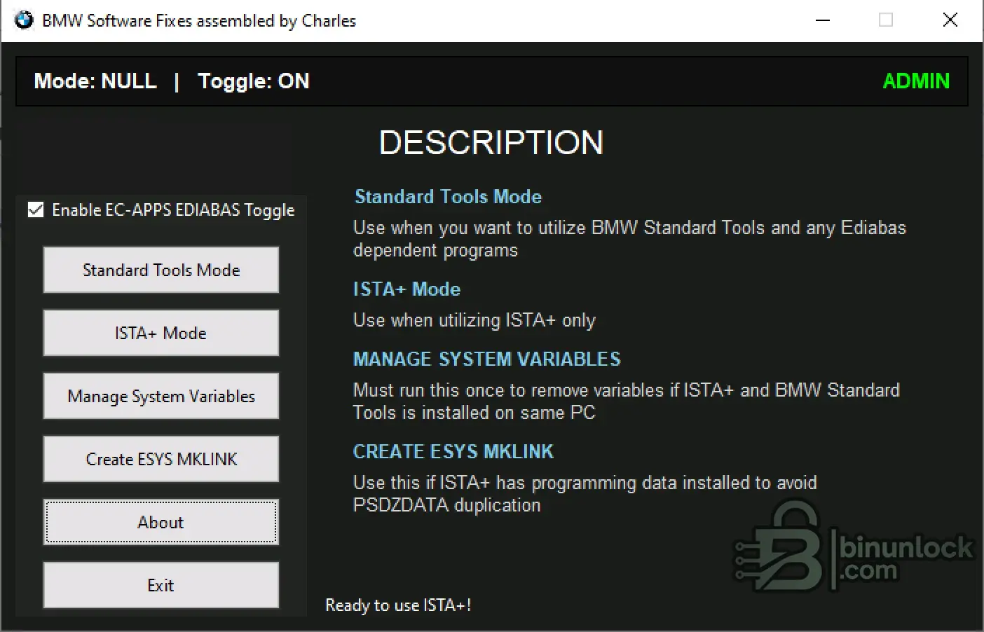 Главный интерфейс BMW Software Fixes от Charles с режимами ISTA+ и Standard Tools switching и параметрами связывания PSdZData.