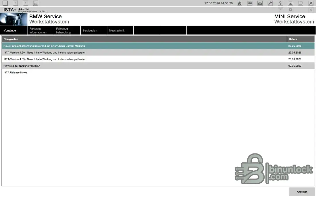 BMW ISTA+ 4.60.13 main service interface showing BMW MINI workshop diagnostic system and latest service data