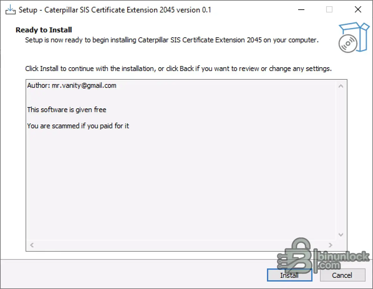Setup window for the Caterpillar SIS Certificate Extension 2045 software, showing the Ready to Install screen and the author's note about the free license.