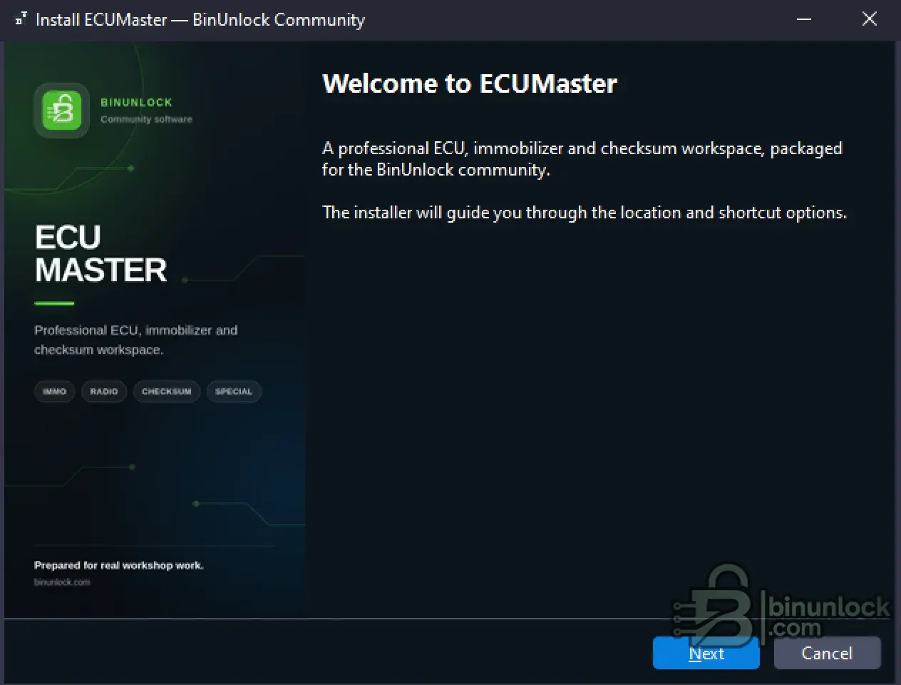 ECUMaster 1.0.4 installer for BinUnlock Community showing the professional ECU, immobilizer and checksum workspace setup screen.
