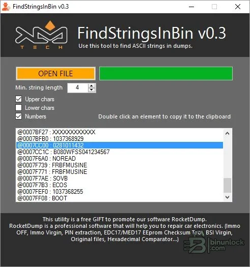 FindStringsInBin — сканер строк в бинарных файлах ECU 0.3 — скриншот 1