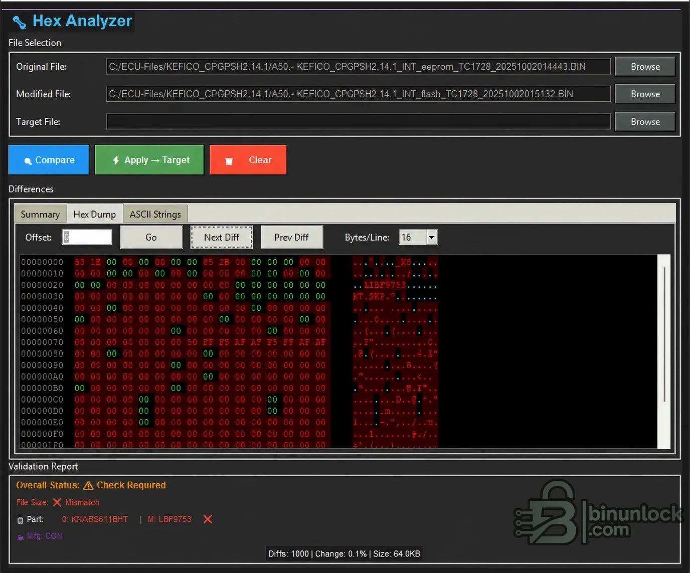 Hex Advance Analyzer — сравнение оригинальных и тюнингованных файлов ECU 1.1 — скриншот 1