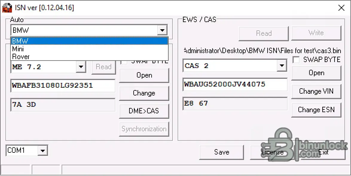 BMW ISN — синхронизация DME/DDE ↔ EWS/CAS с чтением/записью через OBD/COM 0.12.04.16 — скриншот 2