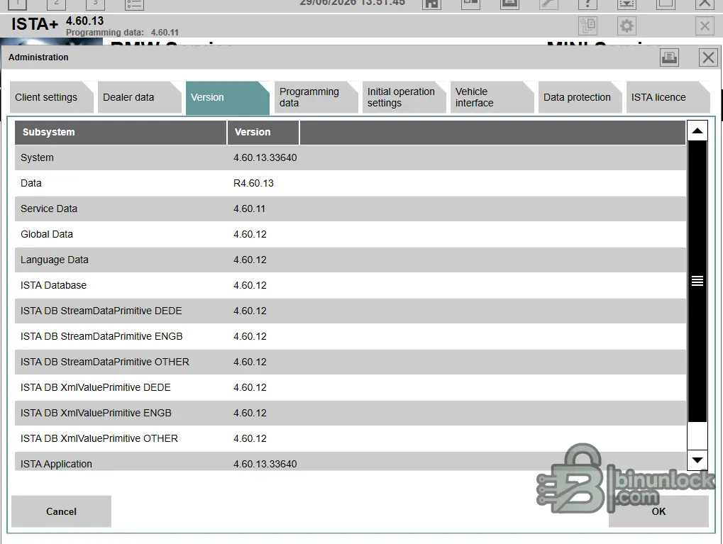BMW ISTA+ 4.60.13 version screen showing ISTA application 4.60.13.33640 and data R4.60.13 for BMW MINI diagnostics