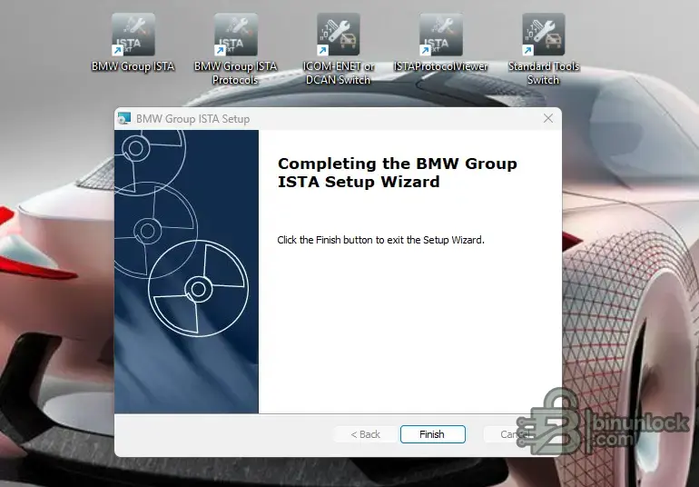 BMW Group ISTA 4.60.13 standalone setup wizard completed with ISTA protocols ENET DCAN switch and standard tools shortcuts