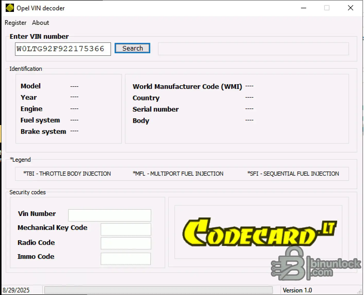Opel VIN Decoder — калькулятор кодов безопасности v1.0 — скриншот 1