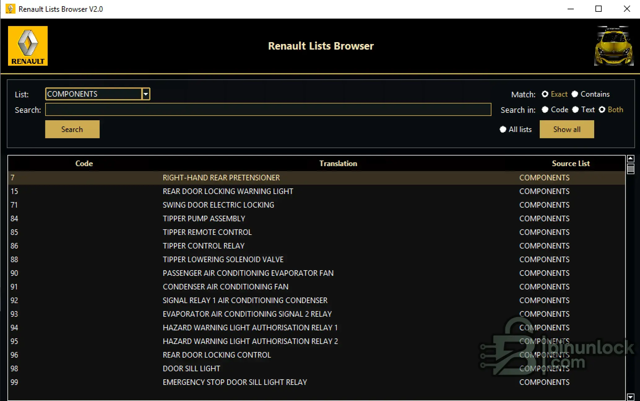 Поиск кодов компонентов Renault Lists Browser 2.0 — скриншот 1