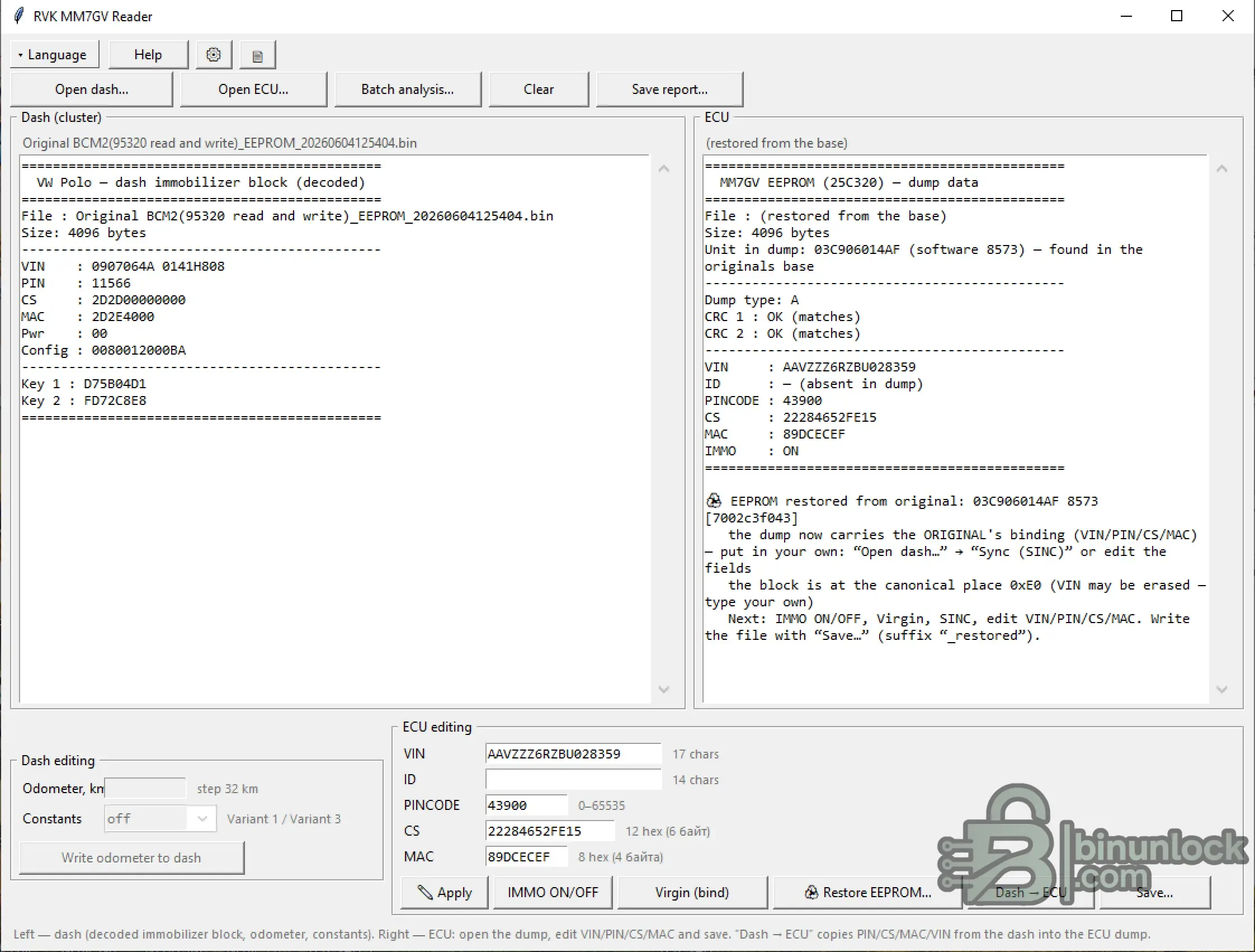 RVK MM7GV Reader — редактор EEPROM MM7GV для VAG и VW Polo 2.0.0 — скриншот 1
