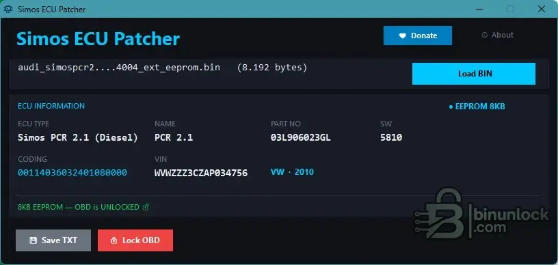 Simos ECU Patcher для PCR2.1, Simos 10 и Simos 11 Immo Off 1.6 — скриншот 1