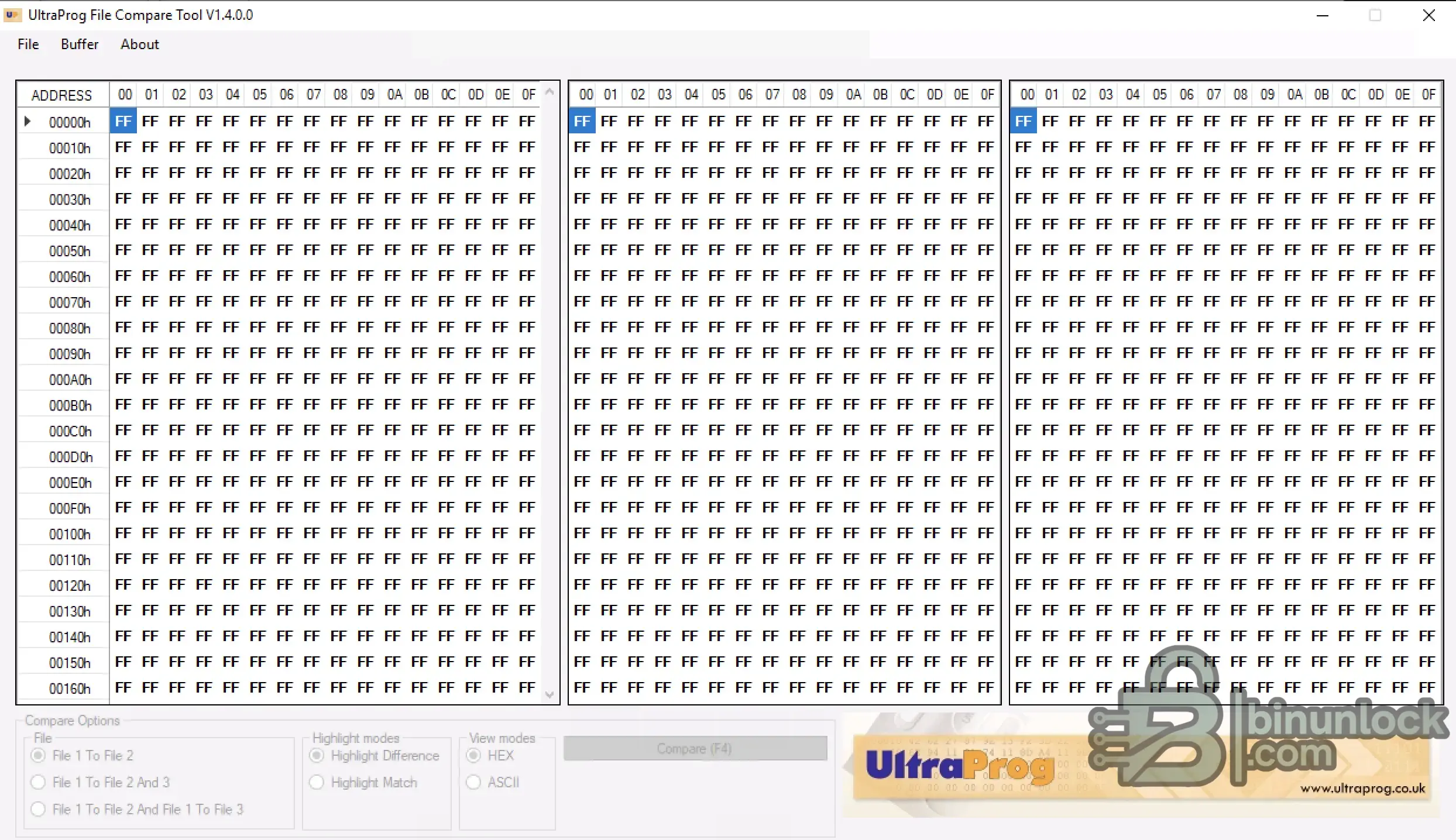 UltraProg — сравнение файлов: трёхпанельное сравнение HEX и ASCII 1.4.0.0 — скриншот 1