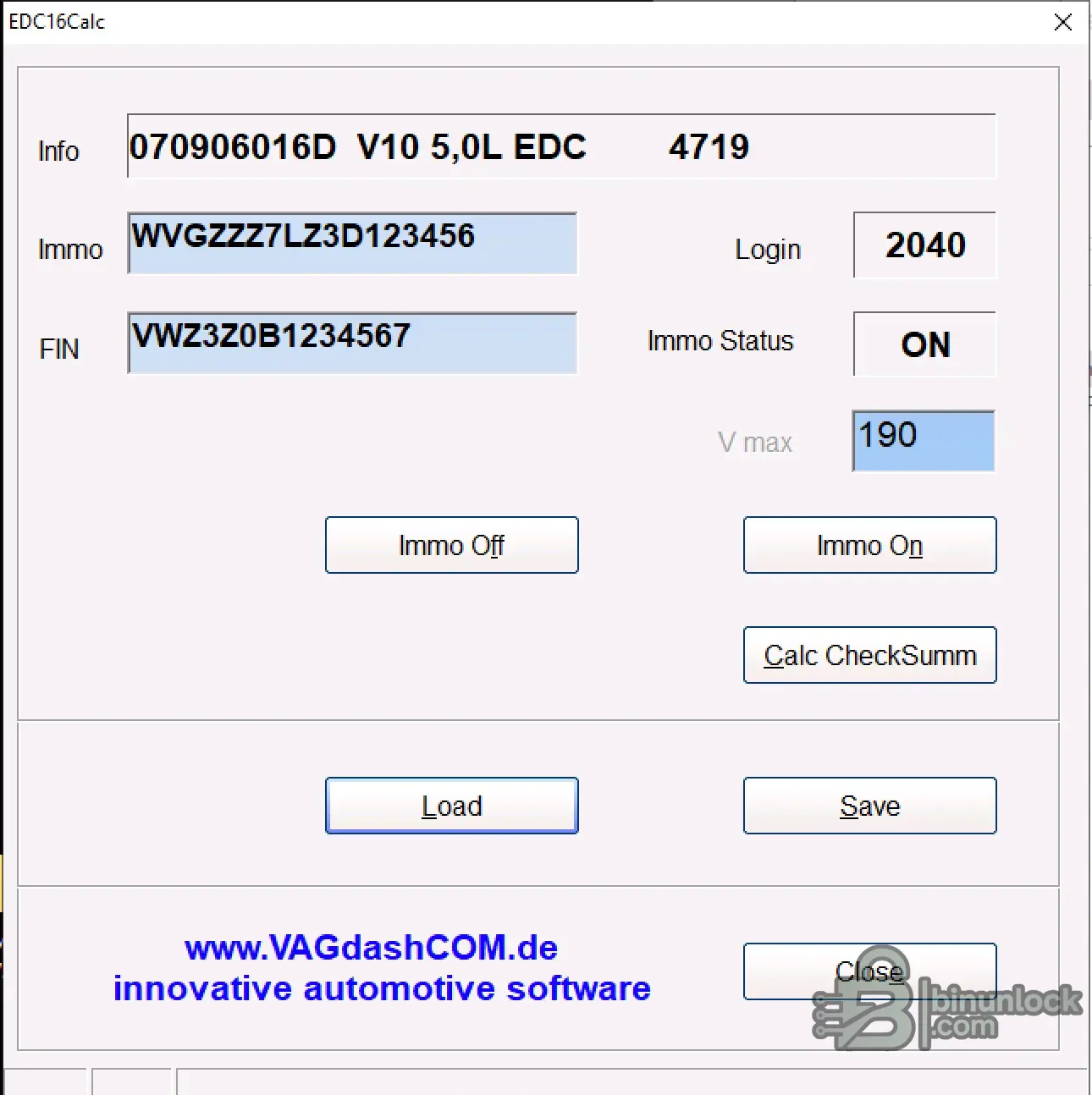 VAG EDC16 утилита для иммобилайзера — PIN, Vmax и checksum 1.0 — скриншот 1