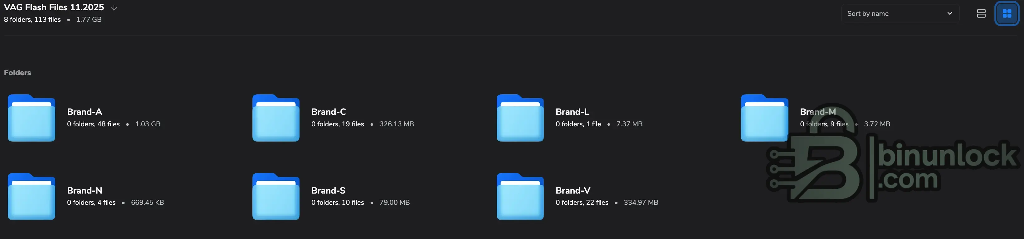 VAG Flash Files 11.2025 collection with ECU flash archives grouped by brand folders