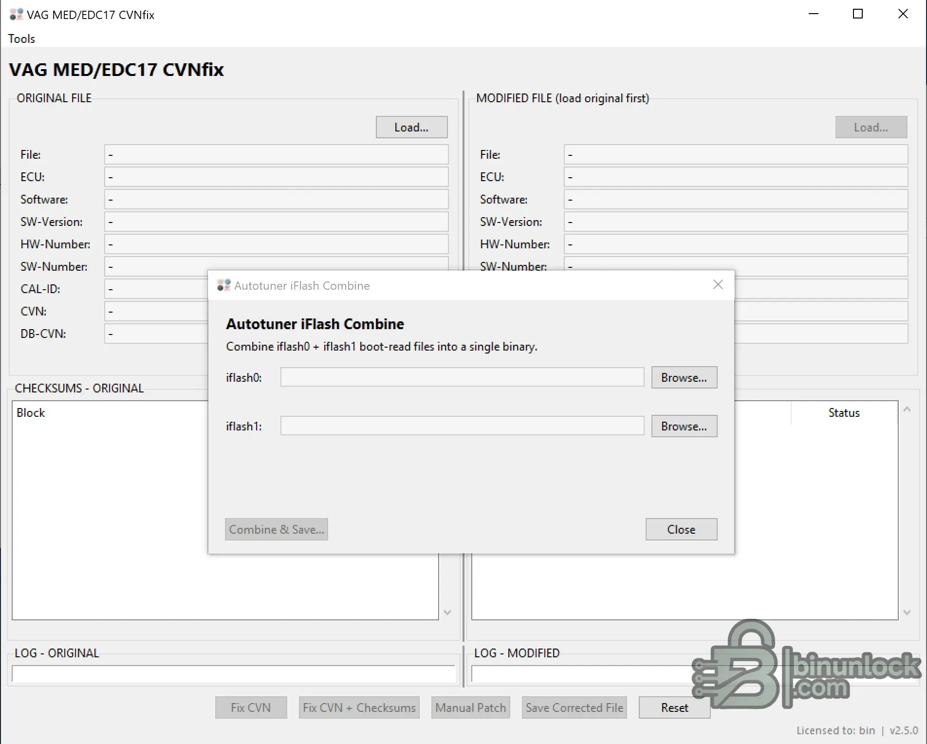 VAG MED EDC17 CVNfix 2.5.0 showing the new Autotuner iFlash Combine tool for merging iflash0 and iflash1 boot-read files.