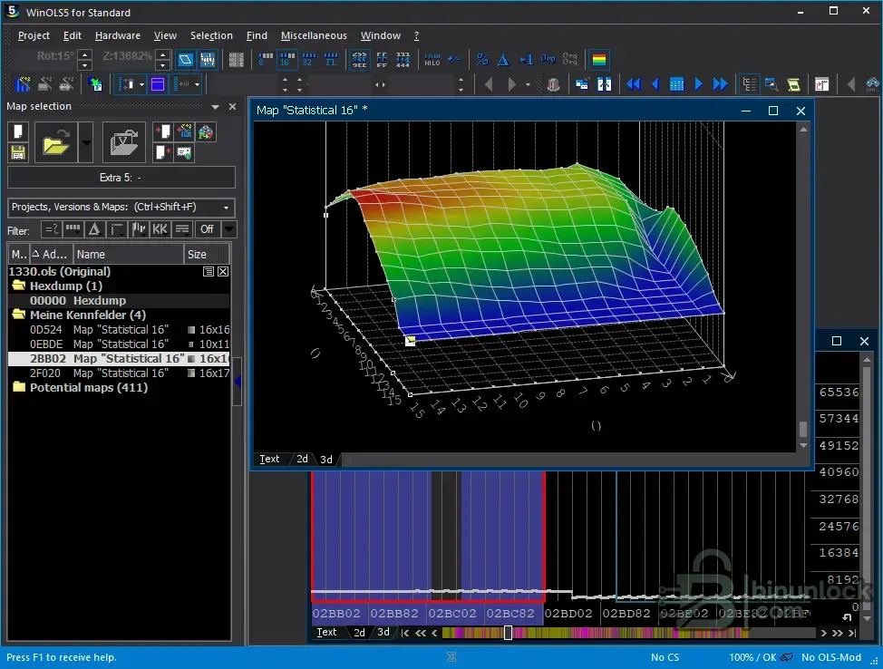 WinOLS calibration editor example showing a 3D ECU-карта view.