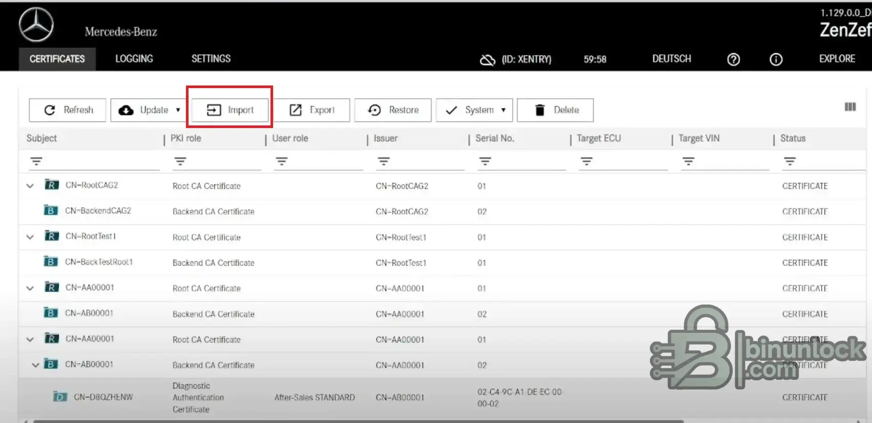 ZenZefi-UI Certificates tab with the Import button highlighted.