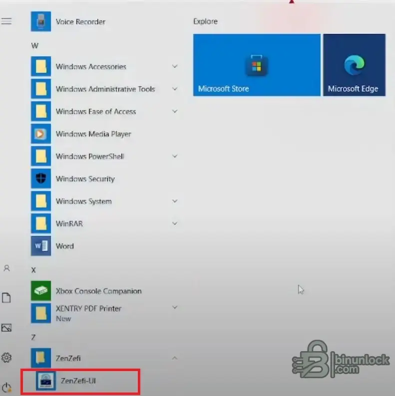 Windows Startz Start menu showing ZenZefi-UI shortcut ready to launch.
